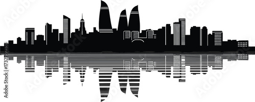 Black and white city skyline with mirrored reflection showcasing modern architecture, urban design, and symmetrical composition for creative graphic use.