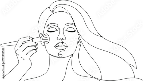 Black and white makeup illustration showing brush application on female face, highlighting beauty, cosmetics, elegance, and personal grooming artistry.