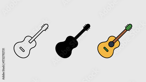Guitar icon set acoustic musical instrument in outline silhouette and color vector illustration for music apps and websites