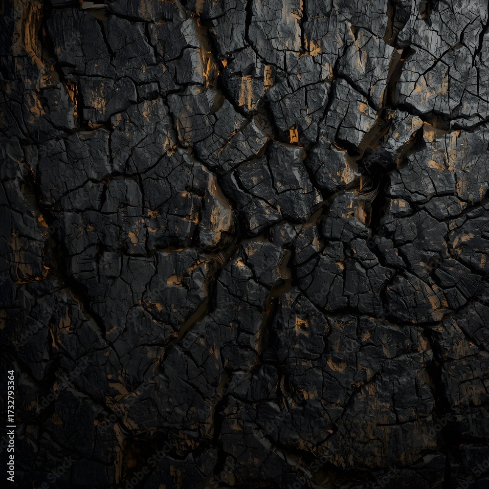 Fototapeta premium Dramatic charred wood texture background with rich blacks and gold for striking designs and environmental themes, bringing a sense of rustic power