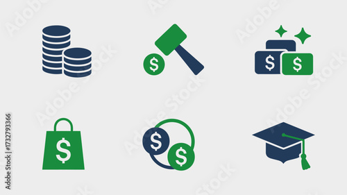 Financial icon set featuring money auction and education symbols flat vector design for business and investment applications