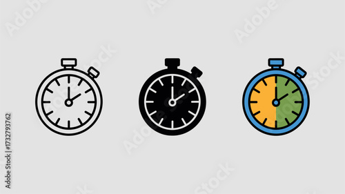 Stopwatch icon set in various styles vector illustration for time management isolated on white background