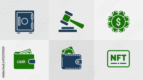 Set of finance and investment icons including safe gavel poker chip wallet and NFT flat vector design for business and web use