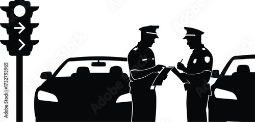 Police officers documenting traffic incident between cars with directional sign—ideal for law enforcement, urban safety, and procedural illustration themes.