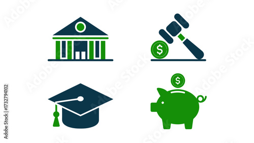 Set of finance and legal icons flat vector illustration of banking law education and savings isolated on white background