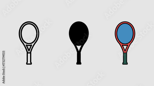 Tennis racket icon set vector illustration in outline solid and color styles perfect for sports apps and graphic design