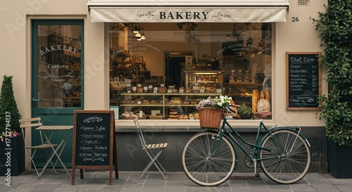 A bakery storefront with a display window filled with pastries, bread, and cakes. A bicycle with a flower basket is parked outside, along with chairs and tables, chalkboards advertising menu items.