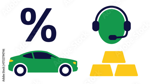 Car loan interest rate customer service and gold investment icons vector illustration for financial services and investment concepts