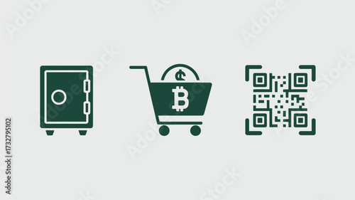 Set of finance and cryptocurrency icons including a safe shopping cart with bitcoin and QR code simple flat vector design element isolated on white background