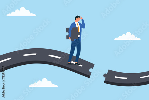 Vector illustration of a businessman holding a puzzle piece, standing on a broken road, symbolizing problem solving, overcoming obstacles, uncertainty, and finding solutions
