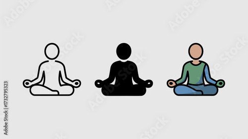 Set of yoga meditation icons simple vector glyphs in different styles for wellness and relaxation apps