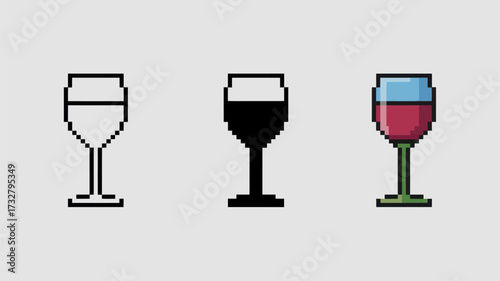 Set of pixel art wine glass icons vector illustration in outline filled and color styles isolated on white background
