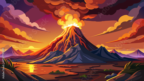 Dramatic photo of volcano eruption. Hot lava flows down mountain side. Smoke, ash clouds in the sky. Natural disaster, active volcano erupting at sunset. Scenic 