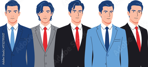 Vector illustration of five professionally dressed men in suits—ideal for fashion, business identity, character design, and corporate branding themes.