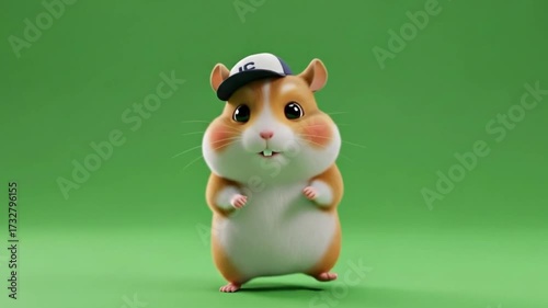 Adorable hamster wearing tiny cap doing shuffle dance in looping animation. Green screen background for chroma key projects.