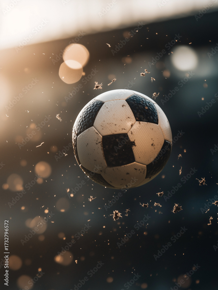 Naklejka premium Soccer ball flying across the stadium in dynamic motion. The ball’s flight symbolizes goal, success, and victory in an intense match moment.