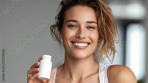 Bright smile moment with a health supplement in a cozy indoor setting