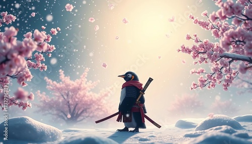 A lone penguin samurai stands amidst falling snow, cherry blossoms softly drifting, cinematic anime style,  graphic,   painting