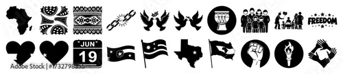 Vector art of collection of black silhouette icons representing juneteenth, freedom, african heritage, and social justice themes
