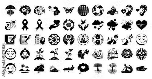 Vector art of collection of diverse icons representing health, wellness, and human concepts
