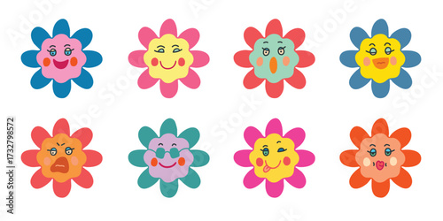 Wallpaper Mural Colorful Groovy Daisies with Kawaii Faces on White Torontodigital.ca