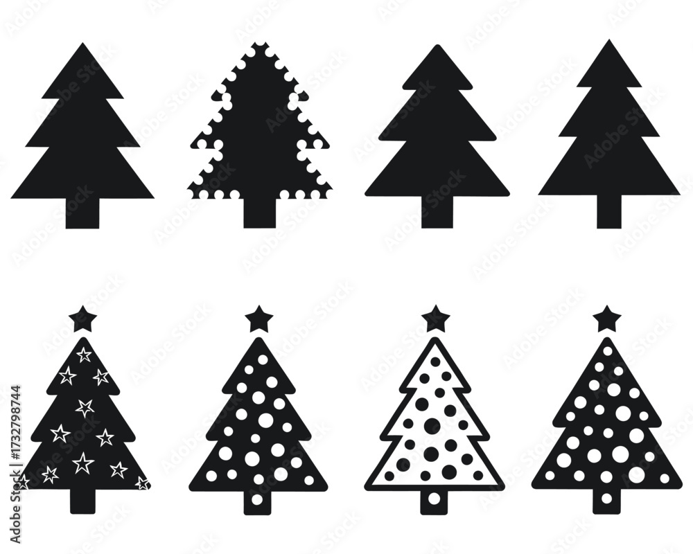 Obraz premium Christmas Tree Vector Collection – Black and White Holiday Silhouettes with Star Tops, Decorative Shapes for Winter Crafts, Logo Design, and Seasonal Graphic Templates