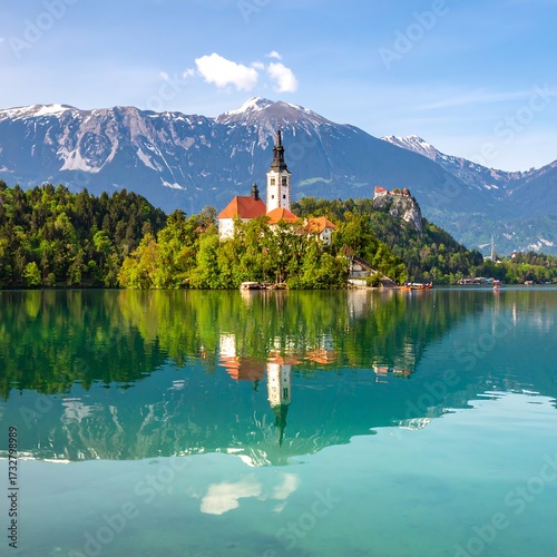 Serene island church reflected in glassy lake