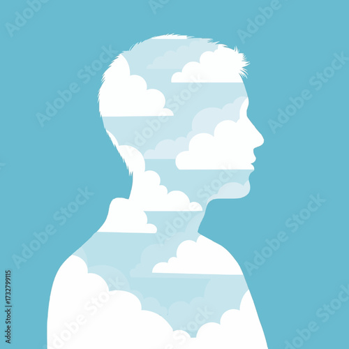 Conceptual illustration of a male profile with a cloudy sky inside, symbolizing thoughts, creativity, and inner peace