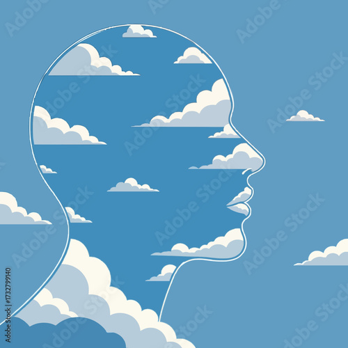 Conceptual illustration of a human head silhouette filled with a blue sky and white clouds, symbolizing a clear mind, freedom, and imagination