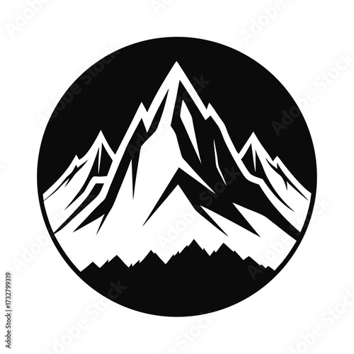 A stark contrast highlights the bold, white mountain range inside a solid black circle