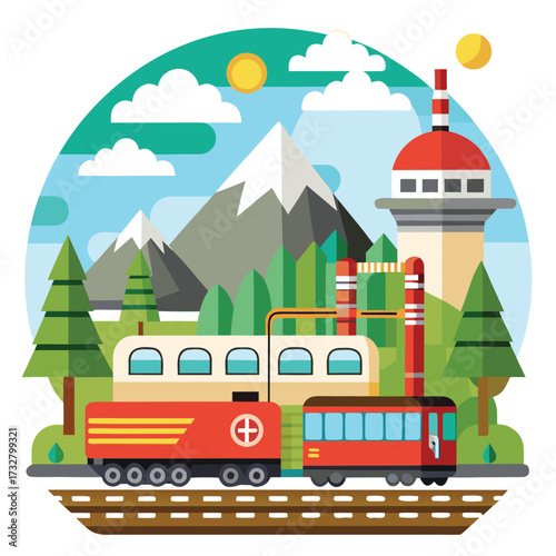 Flat illustration of a train passing an industrial facility in a mountainous landscape