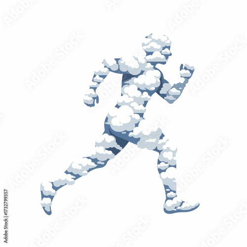Abstract concept of a running human figure made from clouds, symbolizing freedom, dreams, and the lightness of being