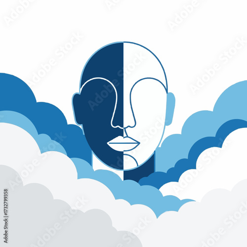 Conceptual vector illustration of a split face emerging from clouds, symbolizing the duality of human consciousness and artificial intelligence