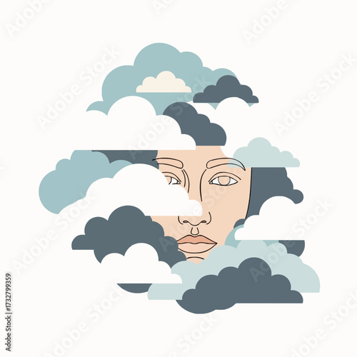 Abstract artwork showing a pensive woman with her head in the clouds, a metaphor for thought, introspection, and mental well-being