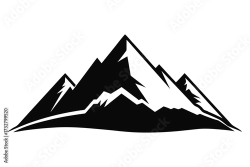 Striking mountain peaks rise sharply against the stark white background in a monochrome vector