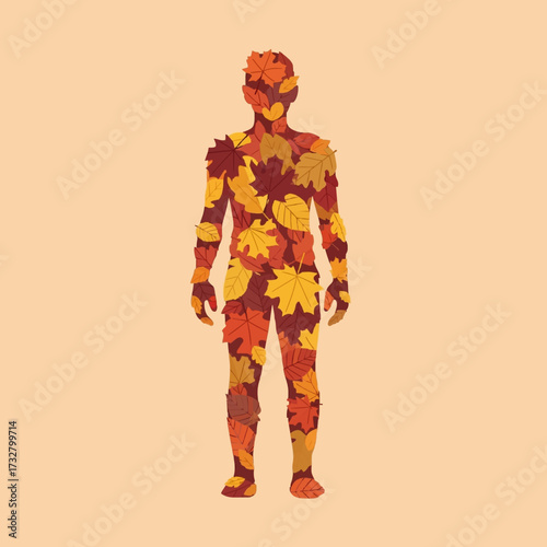 Conceptual illustration of a human figure composed of vibrant autumn leaves, symbolizing the connection between humanity and the changing seasons