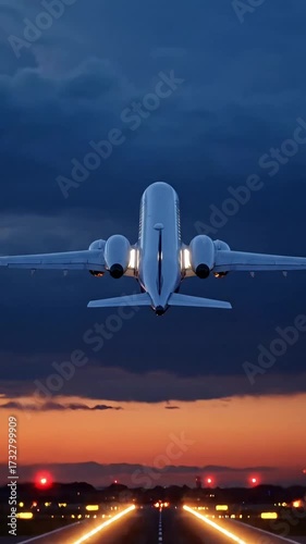 Rear view of a white private jet taking off from a runway at sunset, representing business travel and evening departure, against a cloudy dusk sky