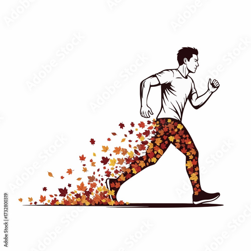 Vector illustration of a runner whose legs are made of vibrant falling autumn leaves, symbolizing a fall run and the changing seasons
