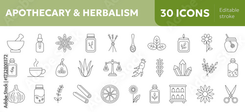 Home Apothecary & Herbalism Icon Set – mortar, tincture, herbs, natural remedy vector illustrations