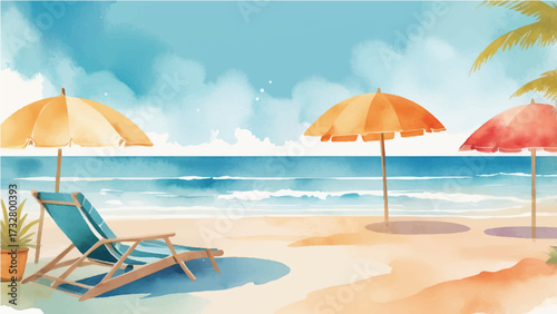 Beach with umbrellas and chairs by the sea