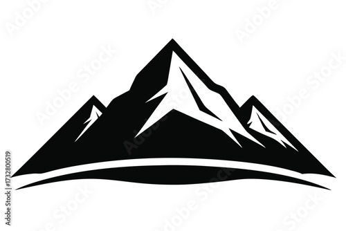 Distinct black mountain peaks rise sharply, displaying rugged slopes against the plain background