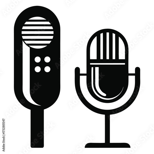 Two black and white retro microphones stand prominently against the stark, clean white backdrop