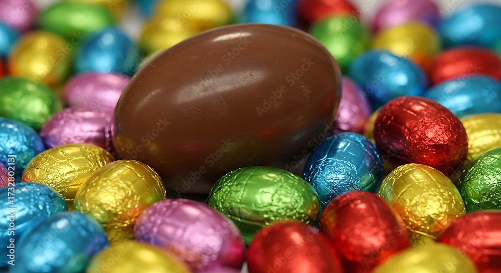 Fototapeta premium Chocolate egg and colorful foil wrapped eggs overhead view festive treats