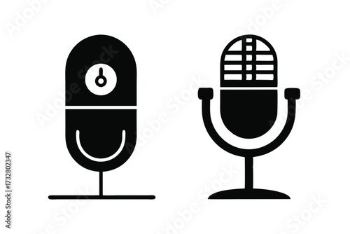 Two black vintage microphone icons showcase audio equipment in a simple, clean design