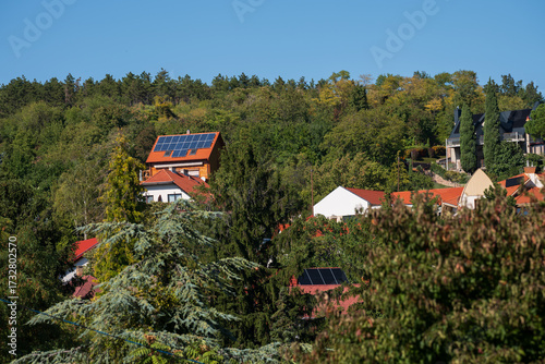 Hillside residential area with solar panels and forest backdrop
