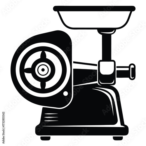 Black and white showcases a detailed meat grinder with its distinct components shown clearly