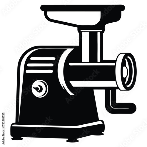 Black silhouette showcases an electric meat grinder with a crank handle on a white background