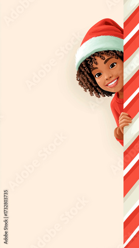Illustration of a smiling African American girl in a Santa hat peeking from behind a red and white striped pole on a festive holiday background