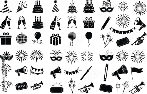 Party All Item Icon Silhouette Set Celebration Party Icon Silhouette Collection