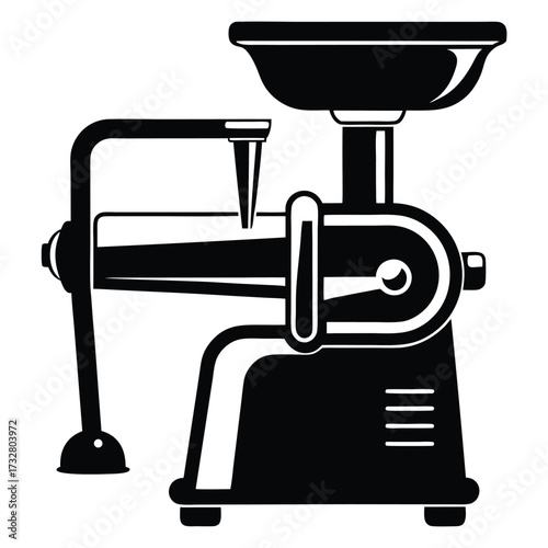 Solid black juicer with a crank is centrally displayed and ready for preparing juice